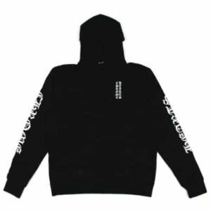 A black hoodie with the Chrome Hearts logo printed vertically down the left side.