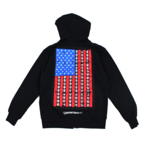 A cozy fleece hoodie featuring the American flag design by Chrome Hearts.