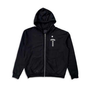 "Chrome Hearts T Logo FU Shoulder Zip Up Hoodie - Black hoodie with Chrome Hearts T logo and FU inscription on the shoulder. Zip-up design with hood."