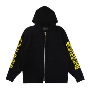 A luxurious Chrome Hearts cashmere hoodie featuring a vibrant yellow logo design.
