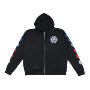 "Multi Color Horseshoe Zip Hoodie in Black - Front view"