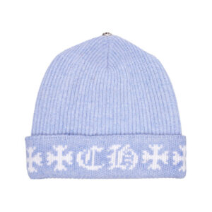 It is a Chrome Hearts Big Daddy Cashmere Beanie - Blue with the words "Chrome Hearts Big Daddy " embroidered on it. It is likely made from high-quality material, such as wool or cashmere, and features the Chrome Hearts logo.