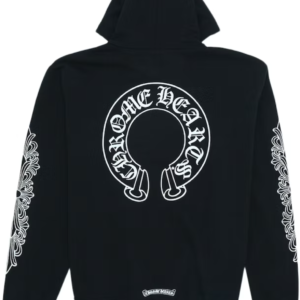 "Black hoodie with Chrome Hearts' signature horseshoe motif adorned with floral patterns. The design merges edgy streetwear with delicate floral elements, creating a unique and eye-catching style statement."